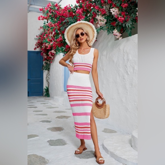 Striped Openwork Cropped Tank and Split Skirt Set - Picture 14 of 16